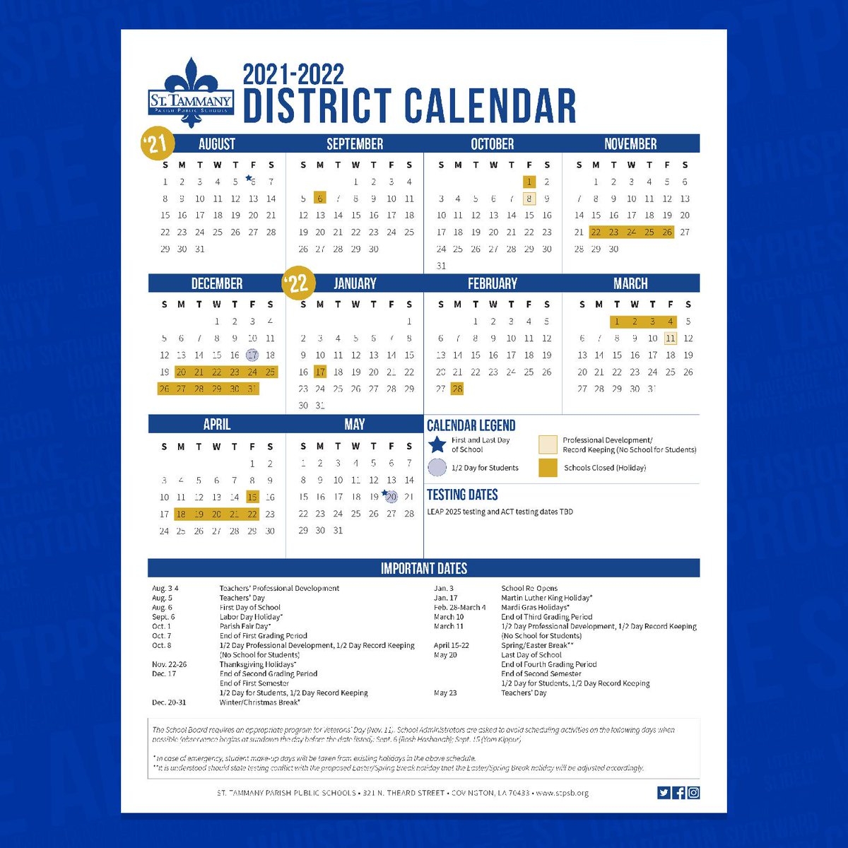 St Tammany Parish Public Schools On X We Know Parents And Families Like To Plan Ahead Here s The 2021 2022 District Calendar So You Can Put Important Dates In Your Planner STPPSLeads Https t co oyGwzu6DJO 