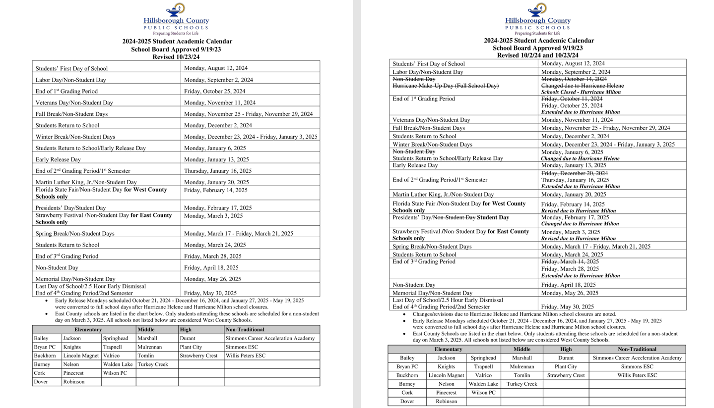 Student Academic Calendar Hurricane Makeup Osprey Observer