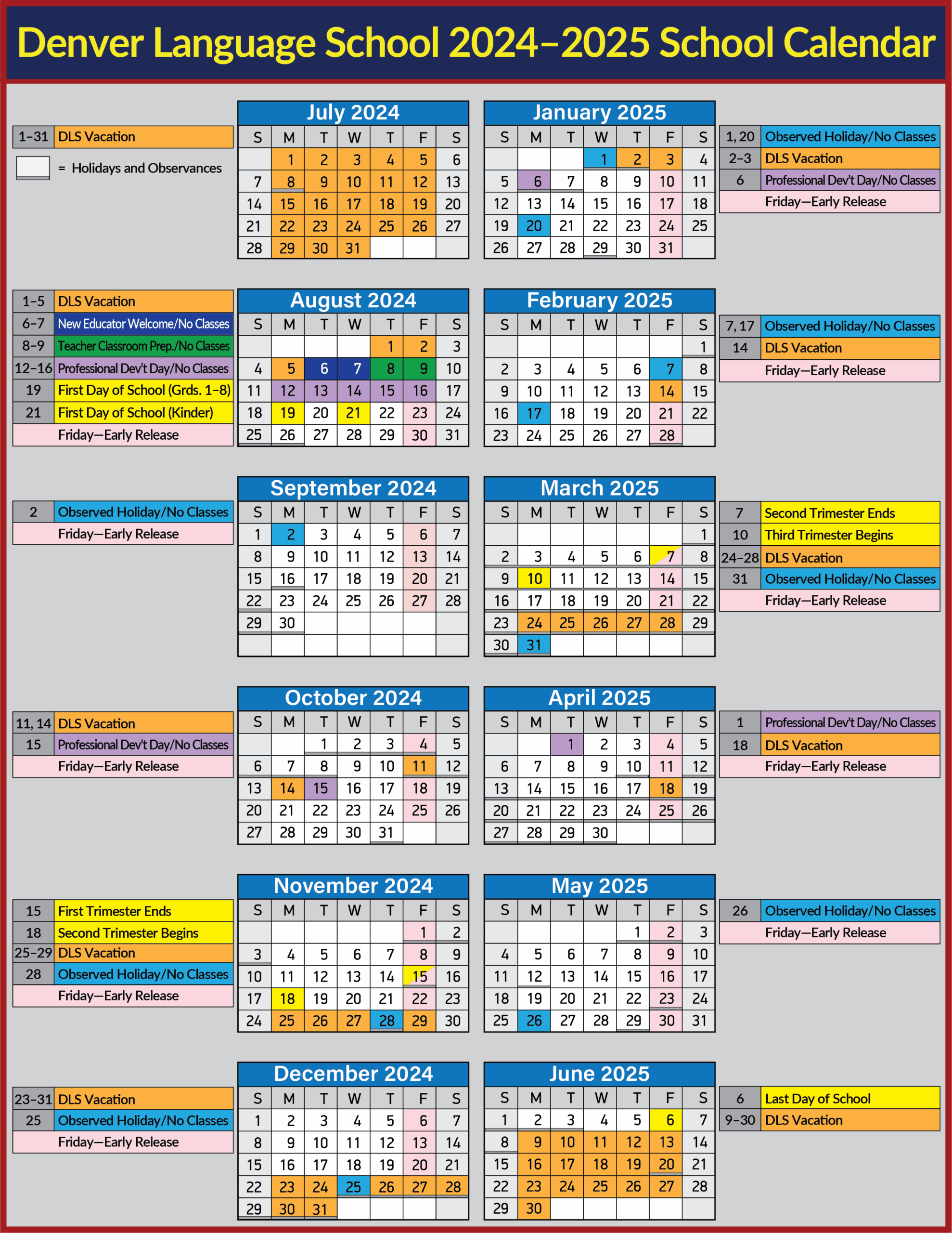 SY24 25 Calendar Language Immersion School Denver Language School