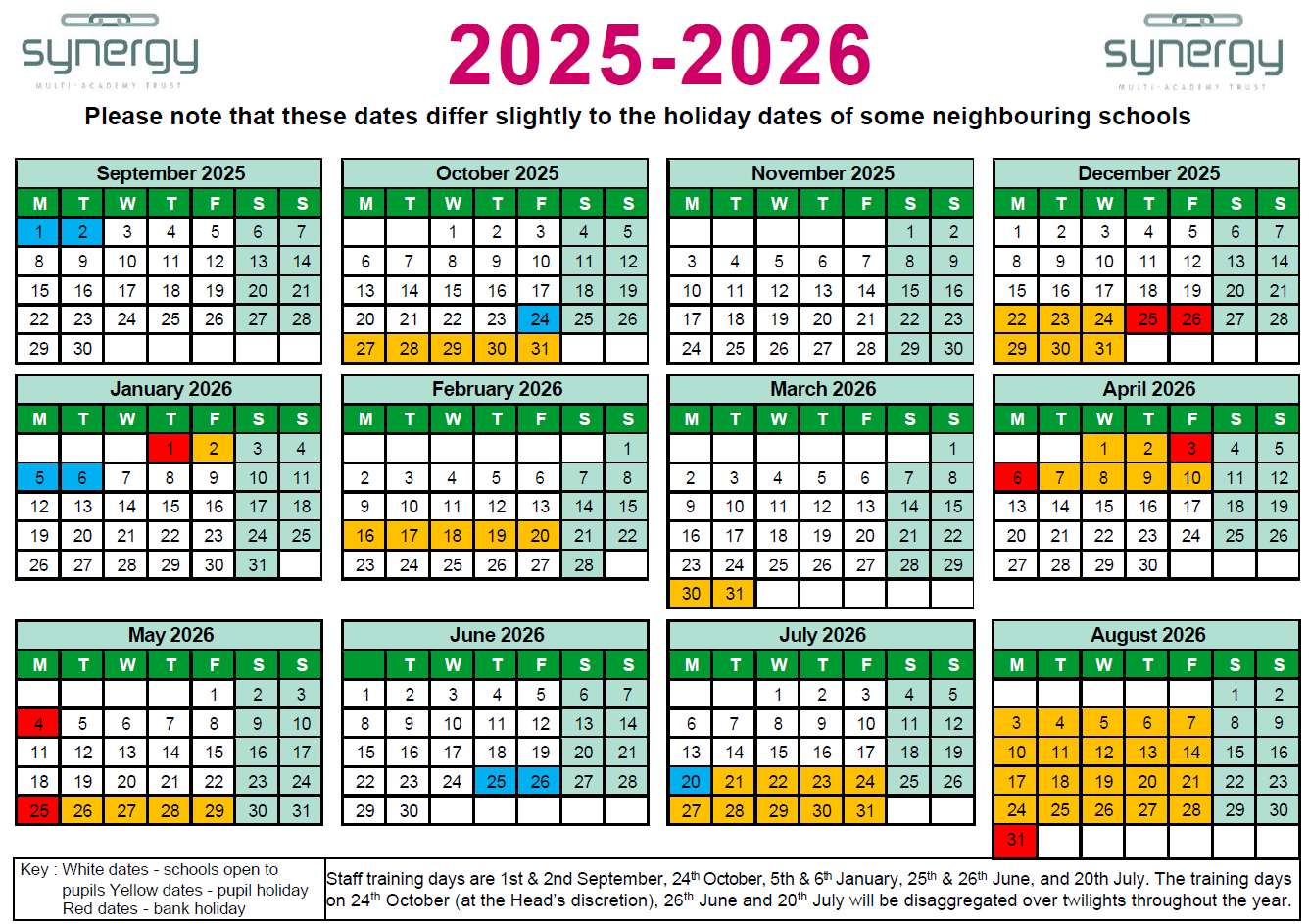 Synergy Multi Academy Trust Synergy Term Dates