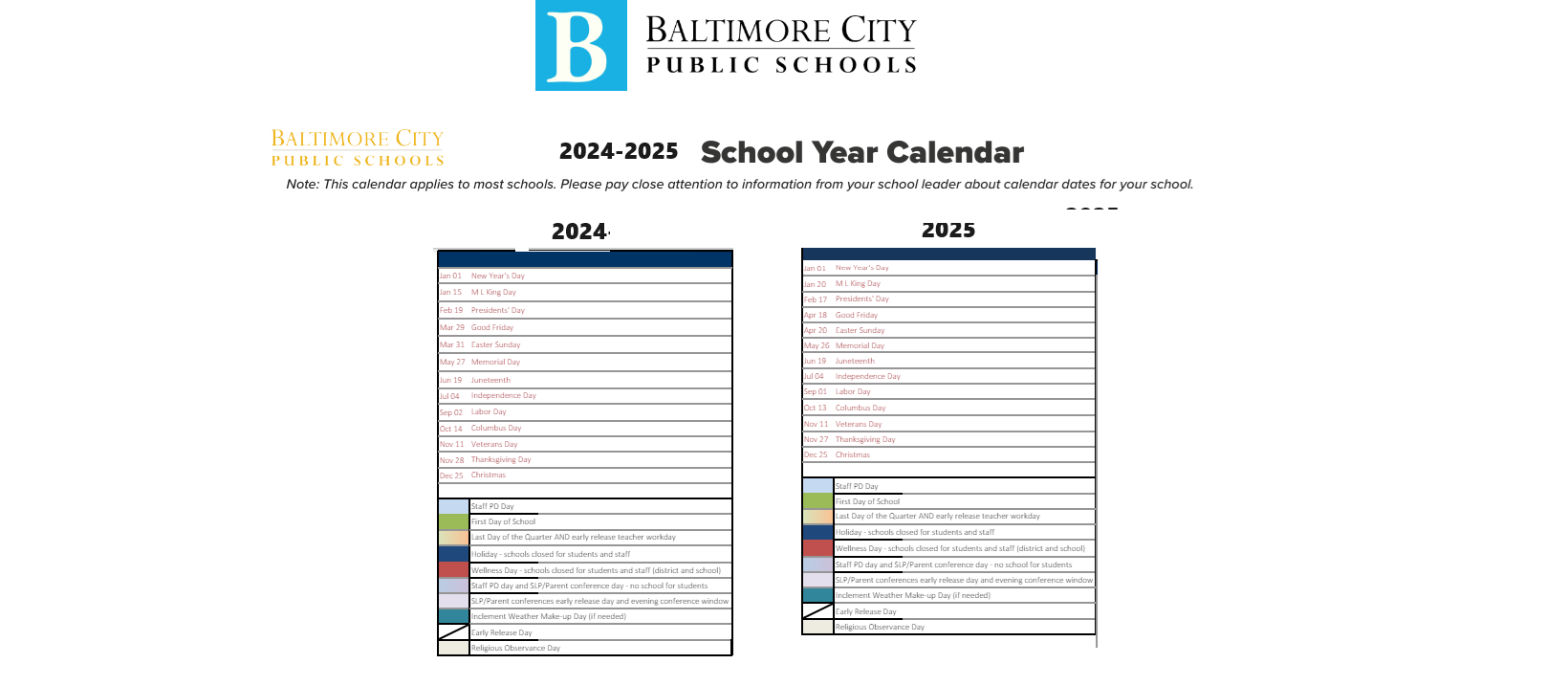 Tench Tilghman Elementary School District Instructional Calendar Baltimore City Public Schools 2024 2025