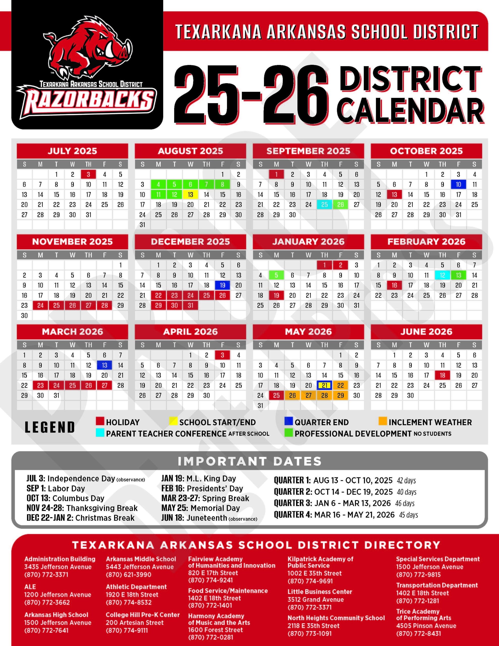 Texarkana Arkansas School District New 2025 26 School Year Calendar Arkansas High