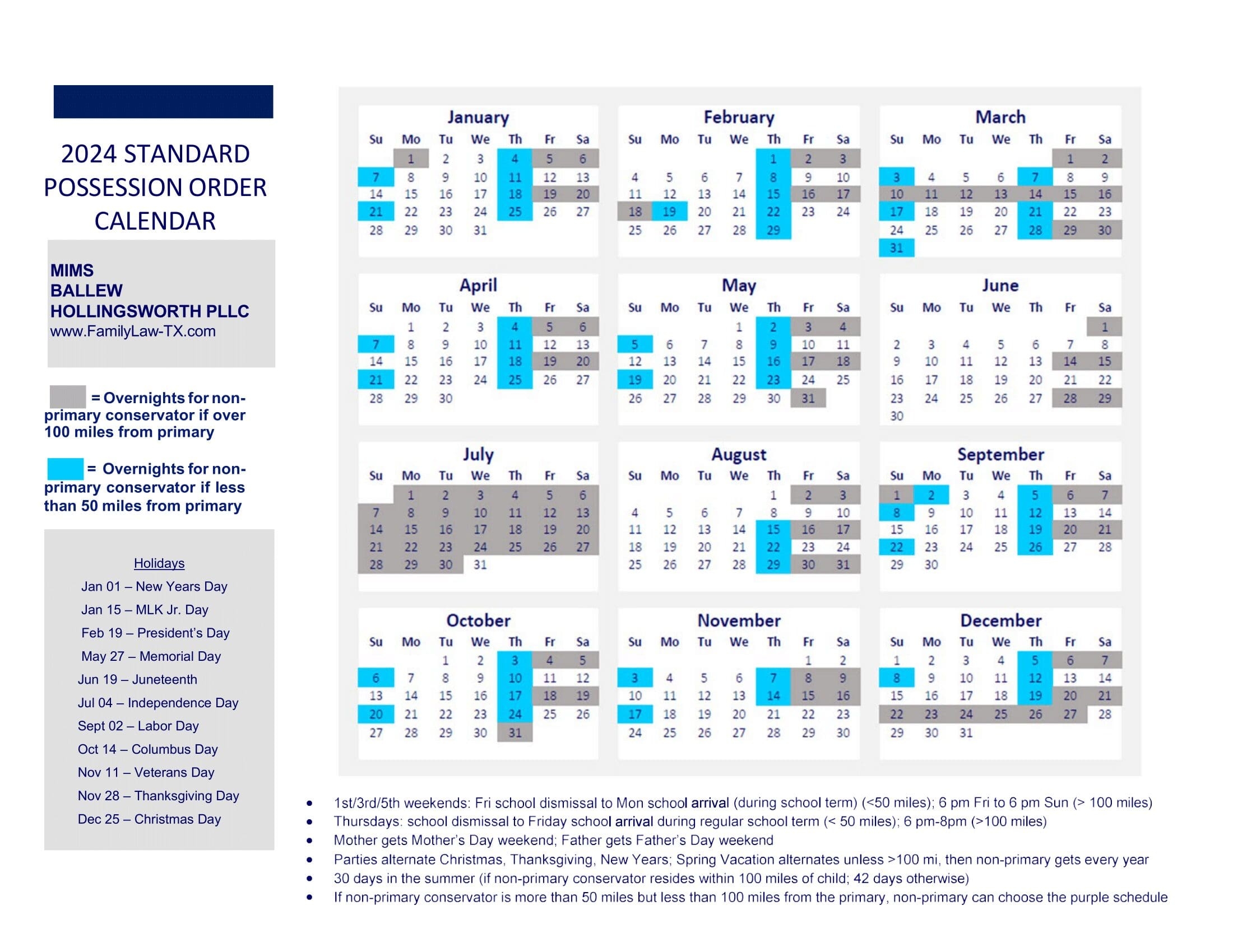 Child custody calendar 2025 (Texas)