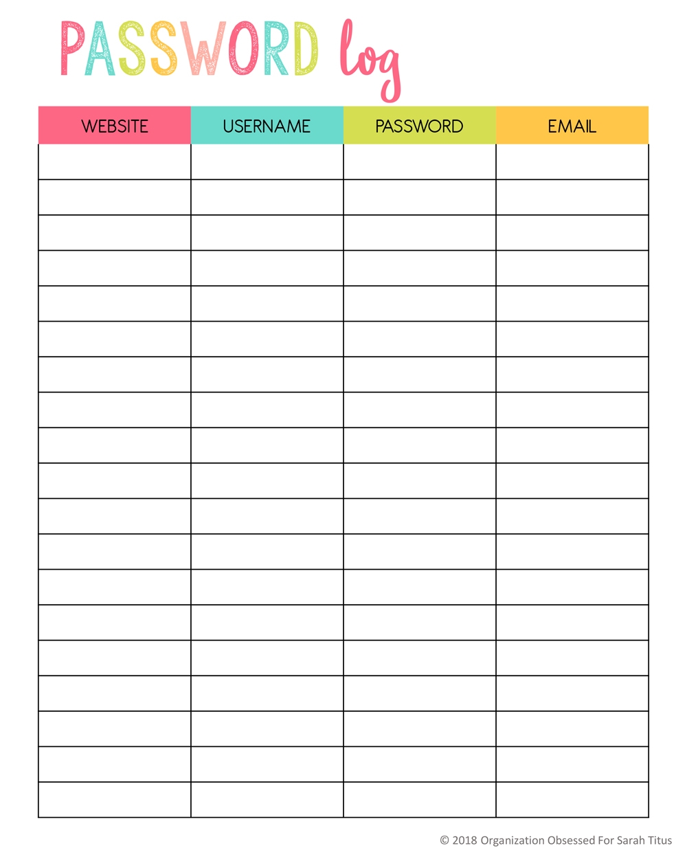 Printable Password Organizer
