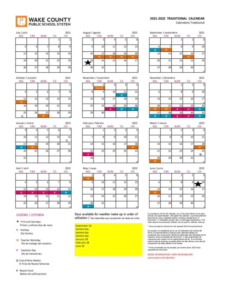 Wake County Modified Calendar Printable Word Searches