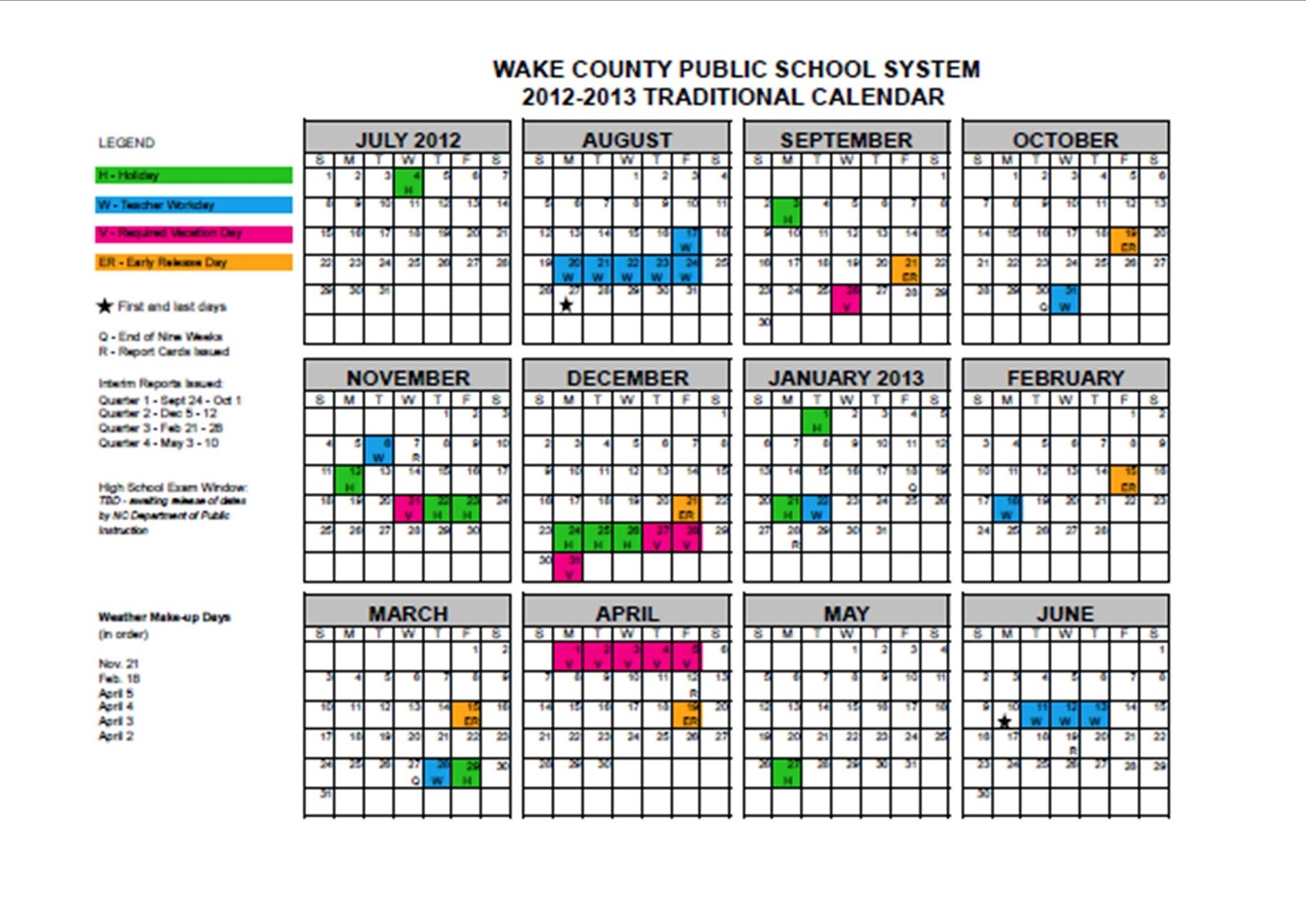 Wake County Modified Calendar Printable Word Searches