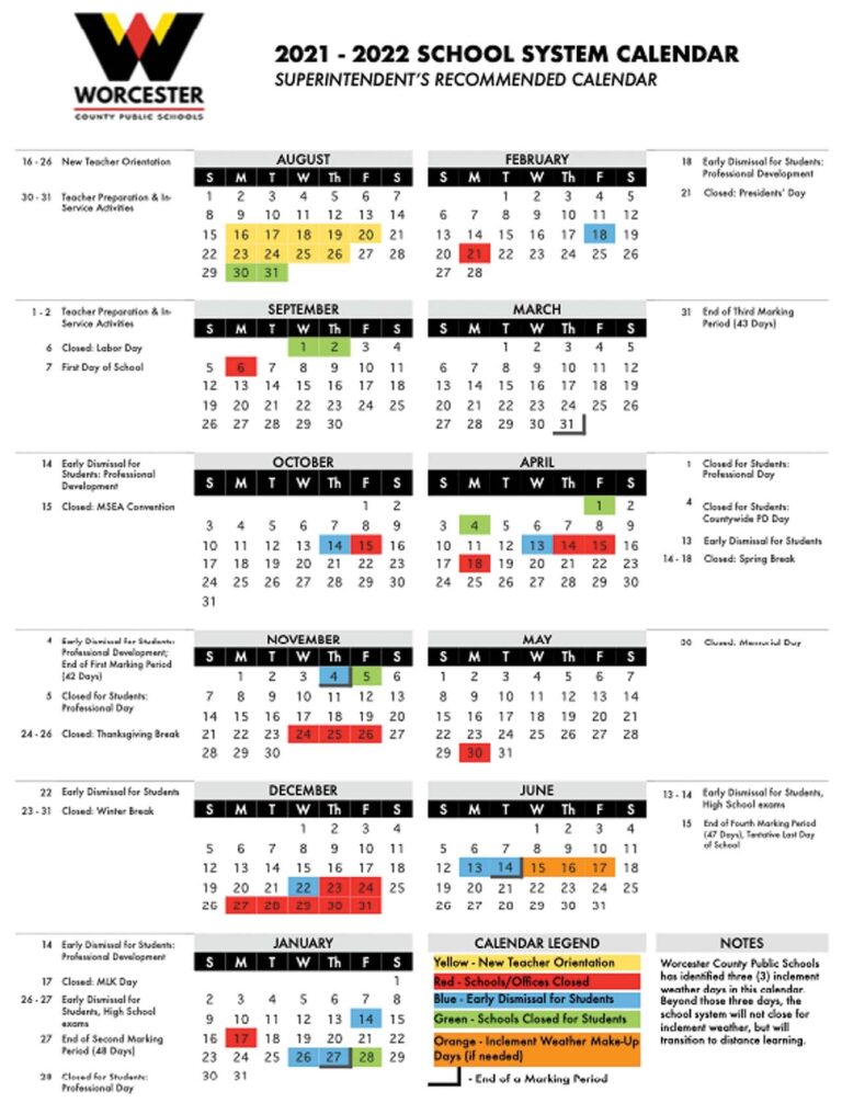 WCPS Calendar For 2021 22 Features Early Summer Break Worcester County News Bayside Gazette