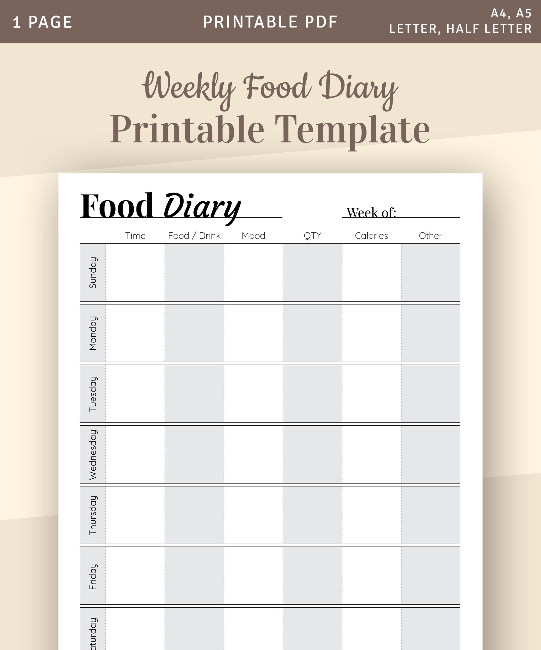 Weekly Food Diary Template Weekly Menu Planner Meal Planner Printable Food Journal Diet Journal Food Log Food Track Printable PDF Etsy
