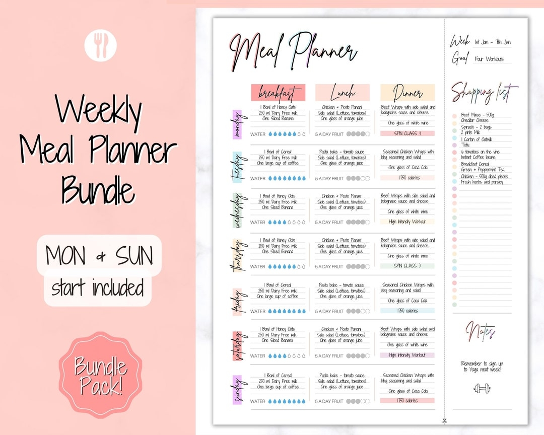Weekly Meal Planner Printable Food Diary Meal Tracker Food Journal Menu Plan Prep BONUS Grocery List Diet Fitness Health Pink Etsy