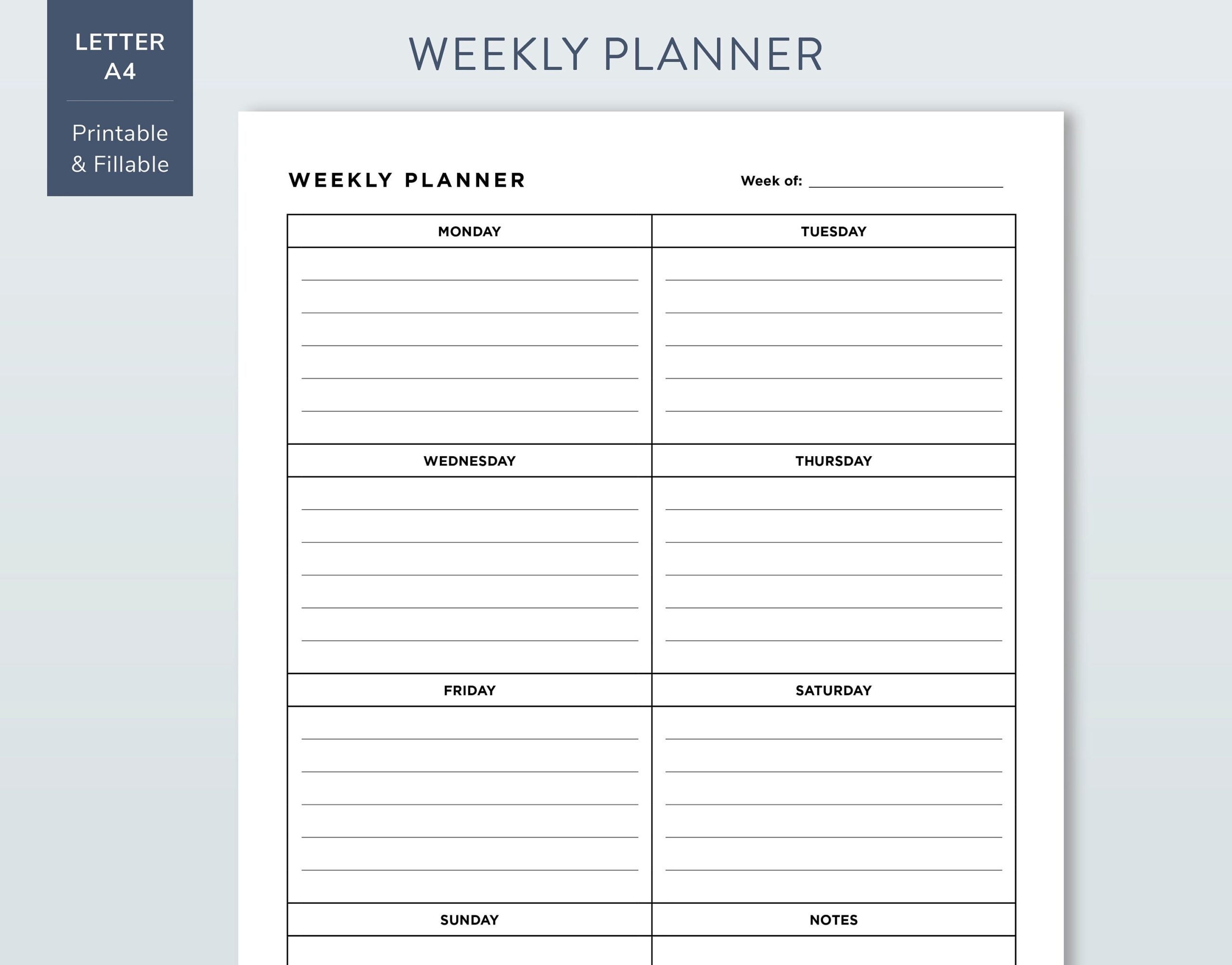 Weekly Planner Printable Page In US Letter And A4 Size Simple Weekly Personal Or Project Planner Fillable Minimalist Planner Etsy