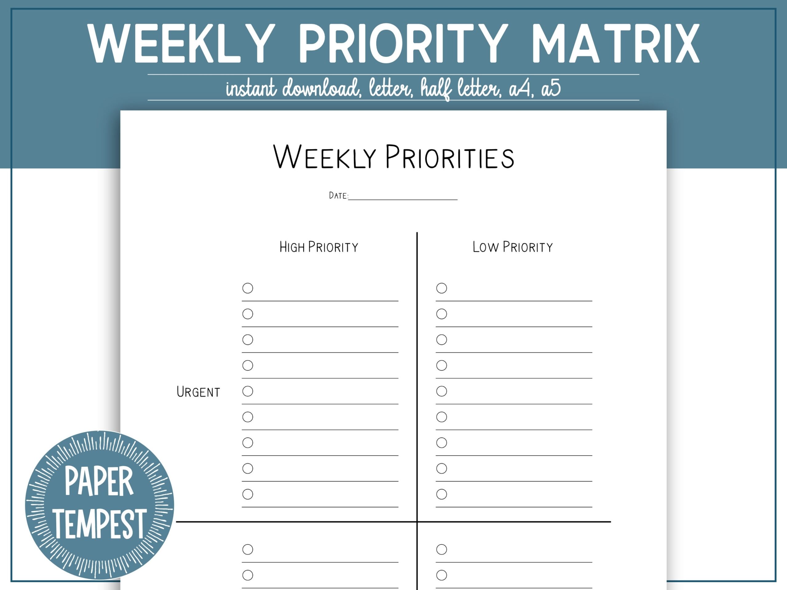 Weekly Priority Matrix Printable Weekly Priority Planner Weekly Eisenhower Matrix Action Plan Template Planner Insert PDF To Do List Etsy