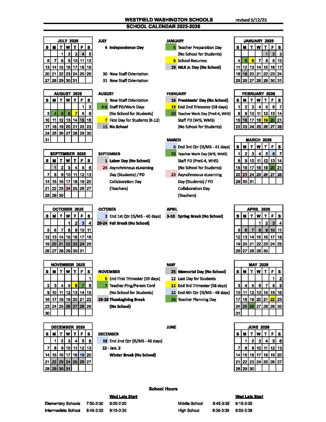 Westfield Washington Schools Calendar 2025 2026