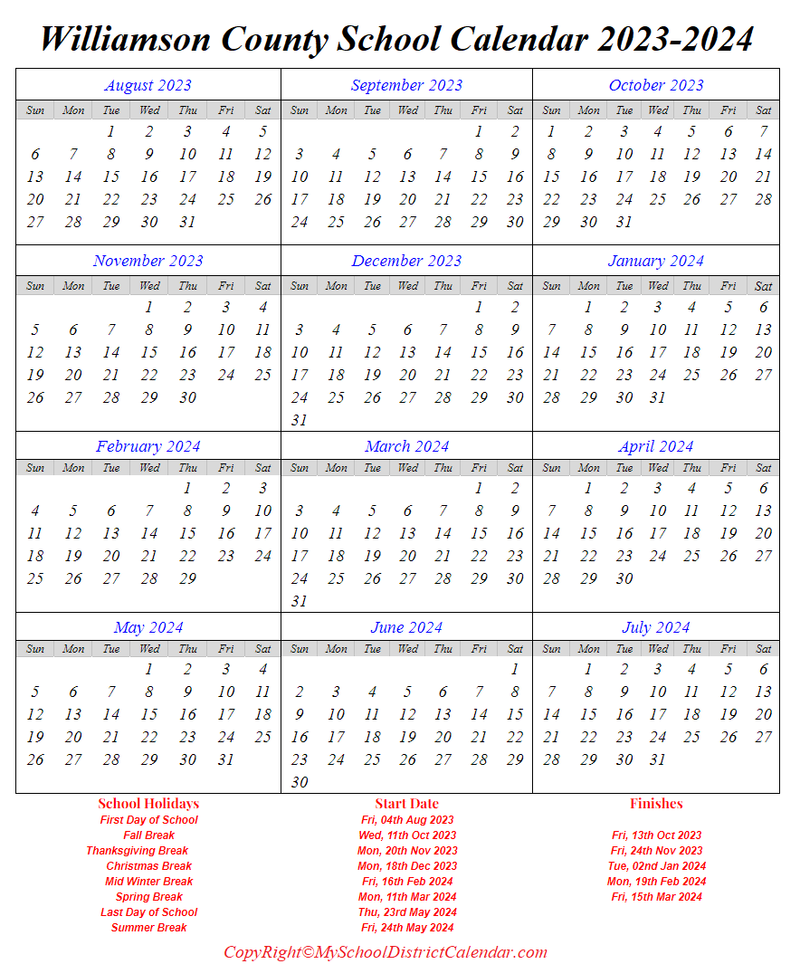 williamson county schools calendar