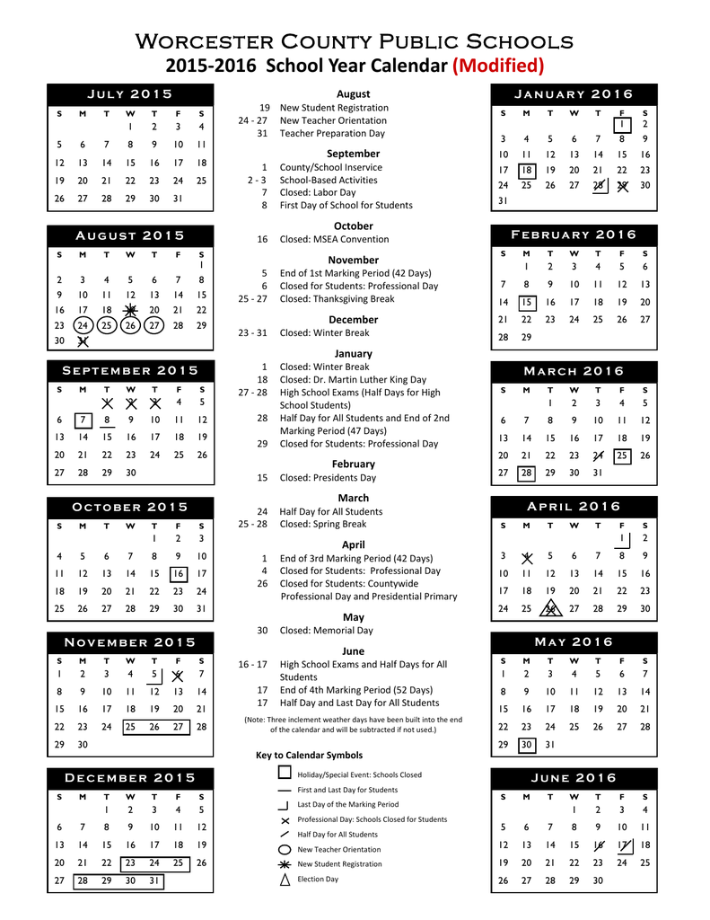 Worcester County 2015 2016 School Calendar