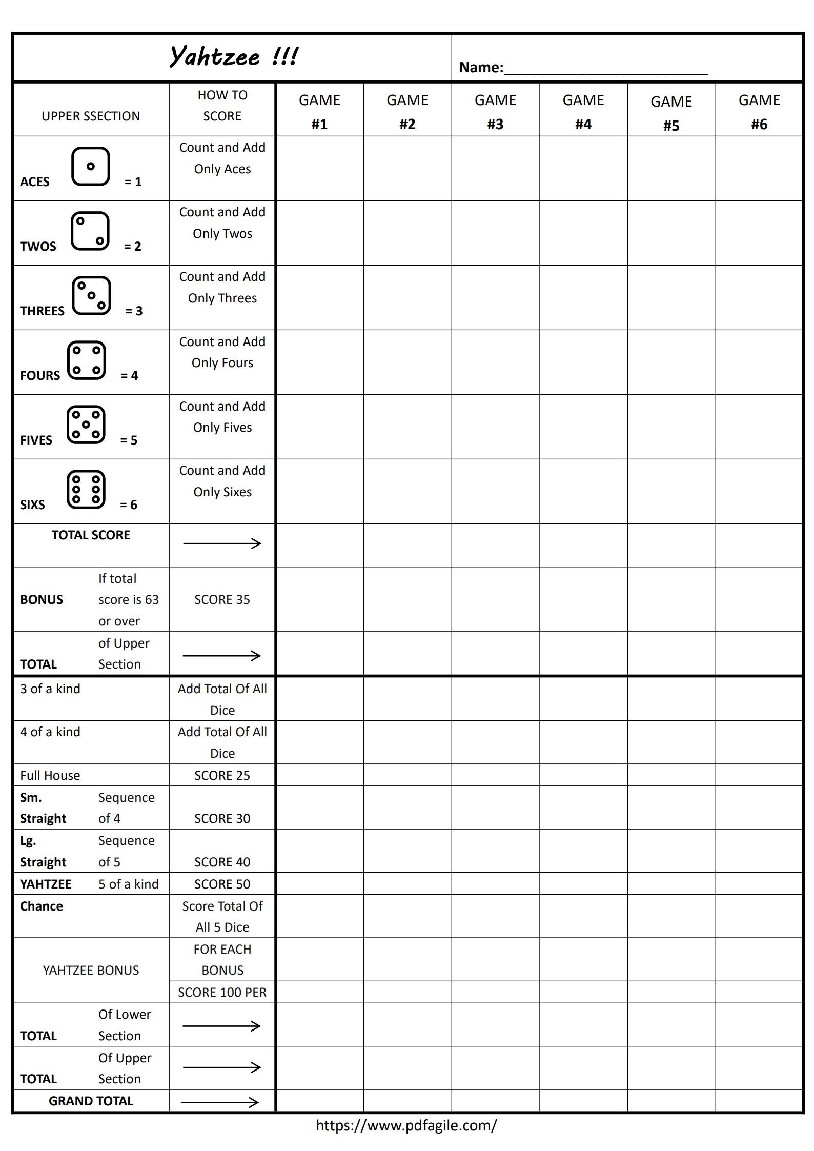yahtzee score card sheet