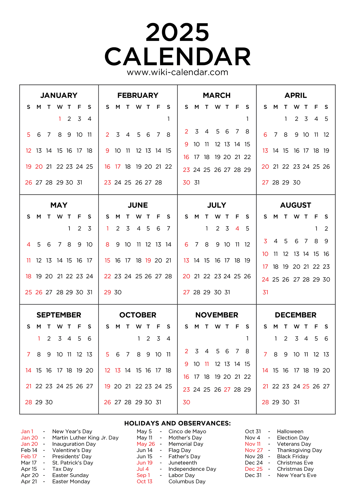 2025 printable 12-month calendar
