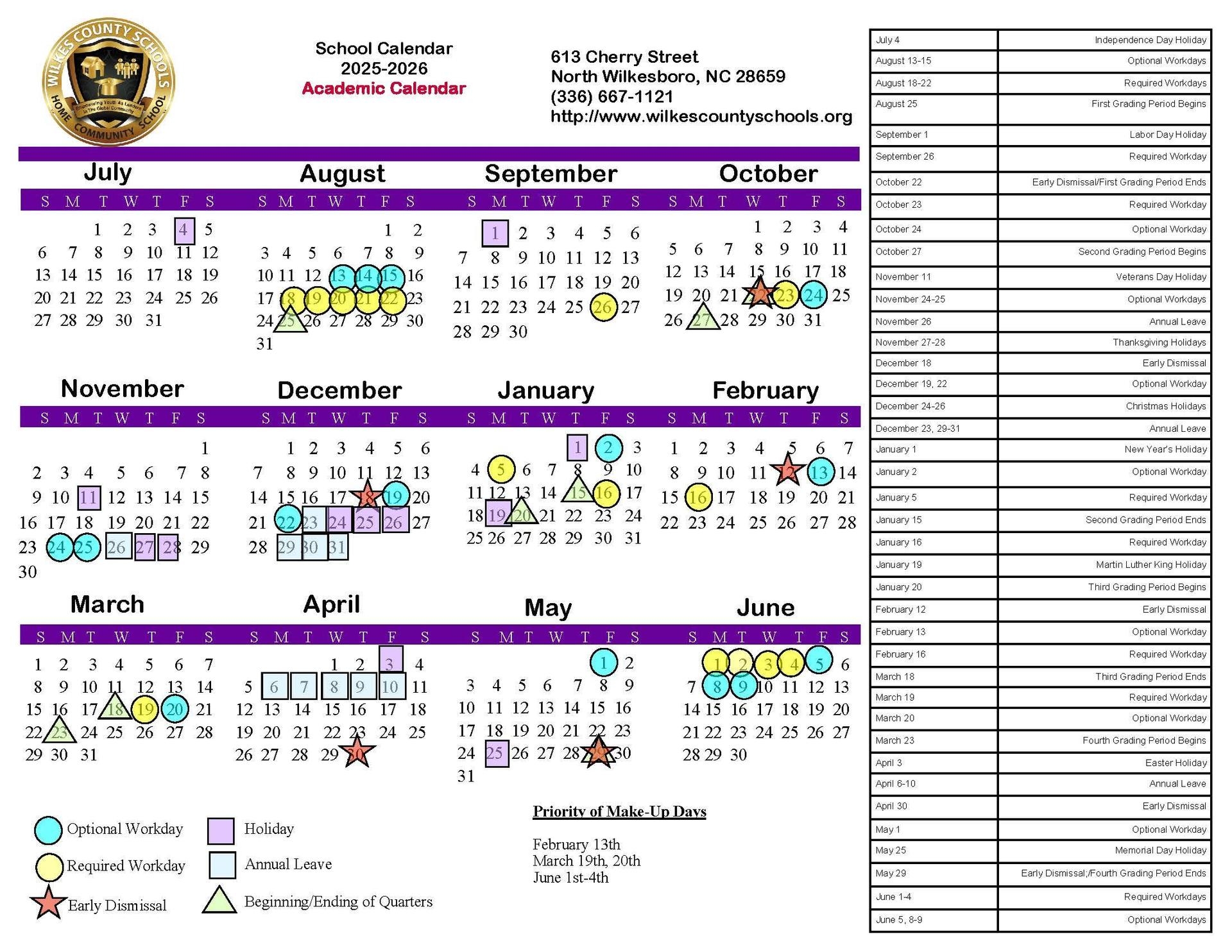 Year at a Glance District Calendars District Wilkes County Schools