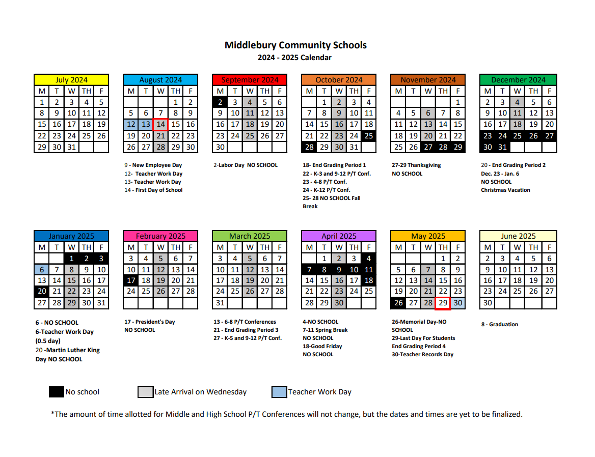 2024 2025 School Calendar Middlebury Community Schools