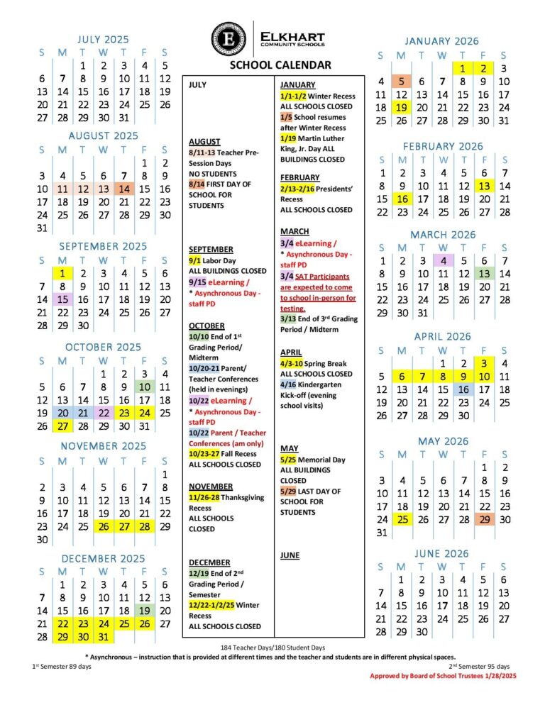 Elkhart Community Schools Calendar 2025 26 Holidays