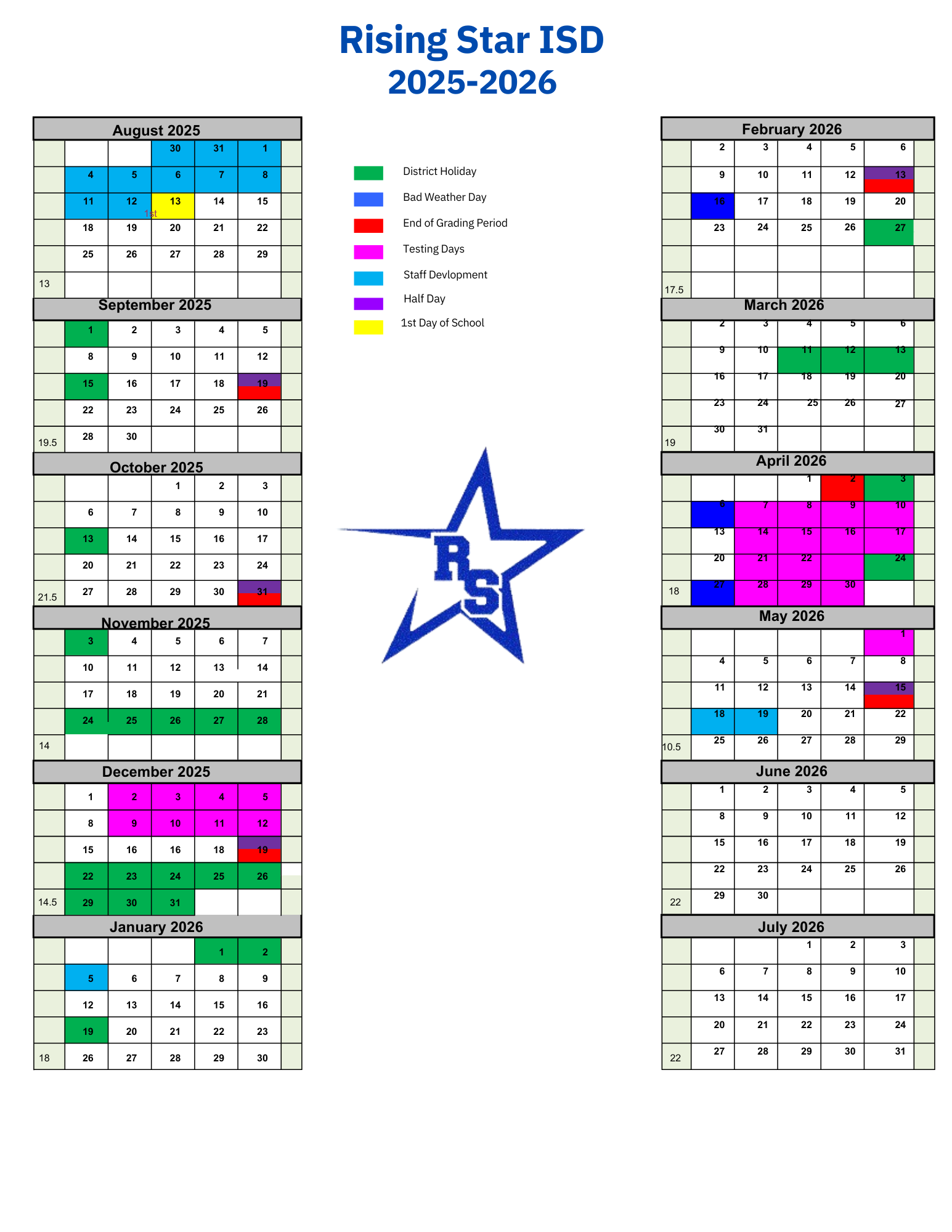 Home District Calendar Rising Star ISD