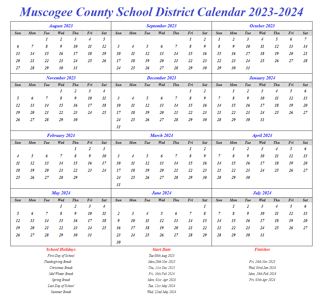 Muscogee County School District Calendar 2023 2024 With PDF