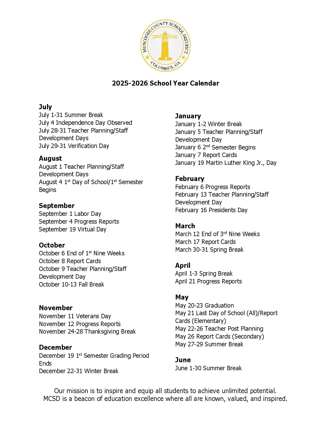 Muscogee County Schools Calendar For 2025 2026 Year