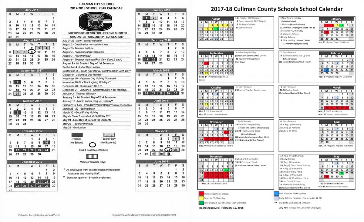 SCHOOL DAYS 2017 2018 Calendars For Cullman County City Schools The Cullman Times